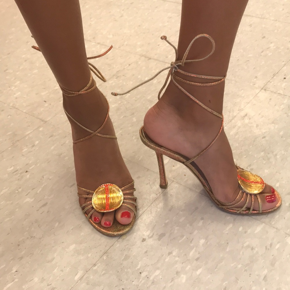 EUC Jimmy Choo Gold/Red sparkly lace up heels